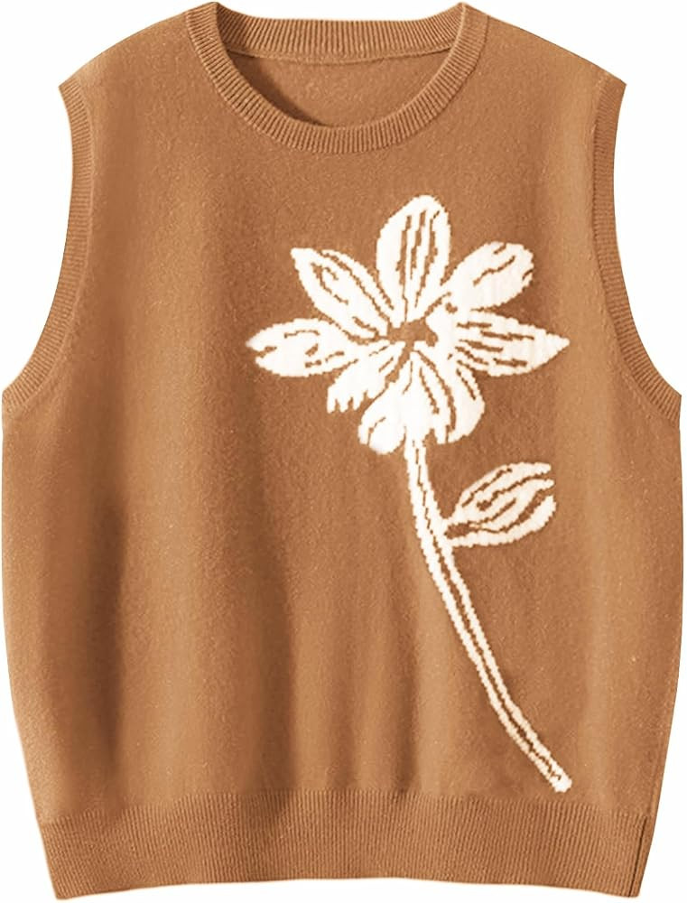 Wowcarbazole Women's Sweater Vest Crew Neck Sleeveless Ribbed Knitwear Casual Trendy Floral Knitt... | Amazon (US)