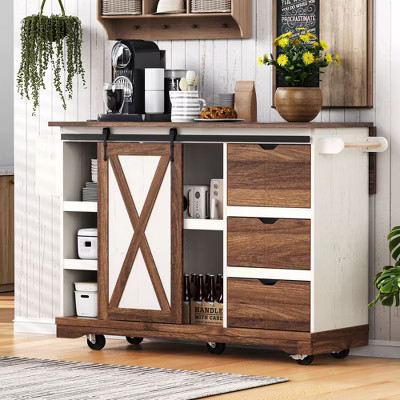 55.5" Farmhouse Kitchen Island with Sliding Barn Door, Drop Leaf, 3 Drawers, Power Outlet, Rolling Cart with Spice & Towel Racks | Target