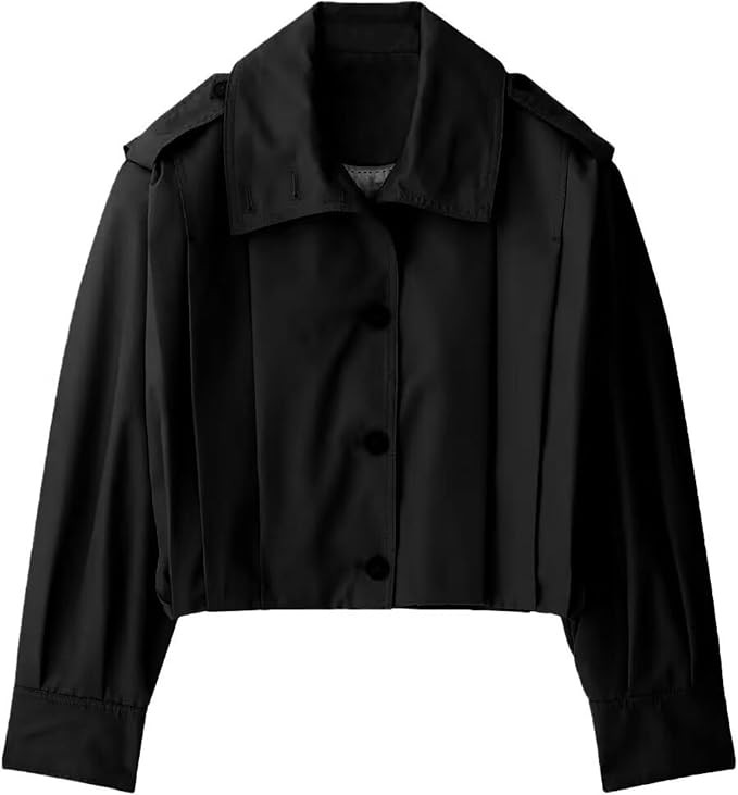 FindThy Women’s Cropped Pleated Jacket Casual Lapel Collar Long Sleeve Button Down Outerwear Tr... | Amazon (US)