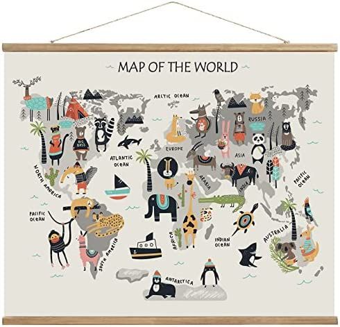 Animal World Map Hanging Canvas Wall Art , World Maps for Kids Wall, Baby Room World Map, Animals... | Amazon (US)