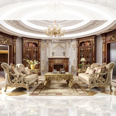 LIVING ROOM SOLID WOOD/FABRIC 3PC SOFA SET | CHAMPAGNE W/RUST HIGHLIGHT | Wayfair North America