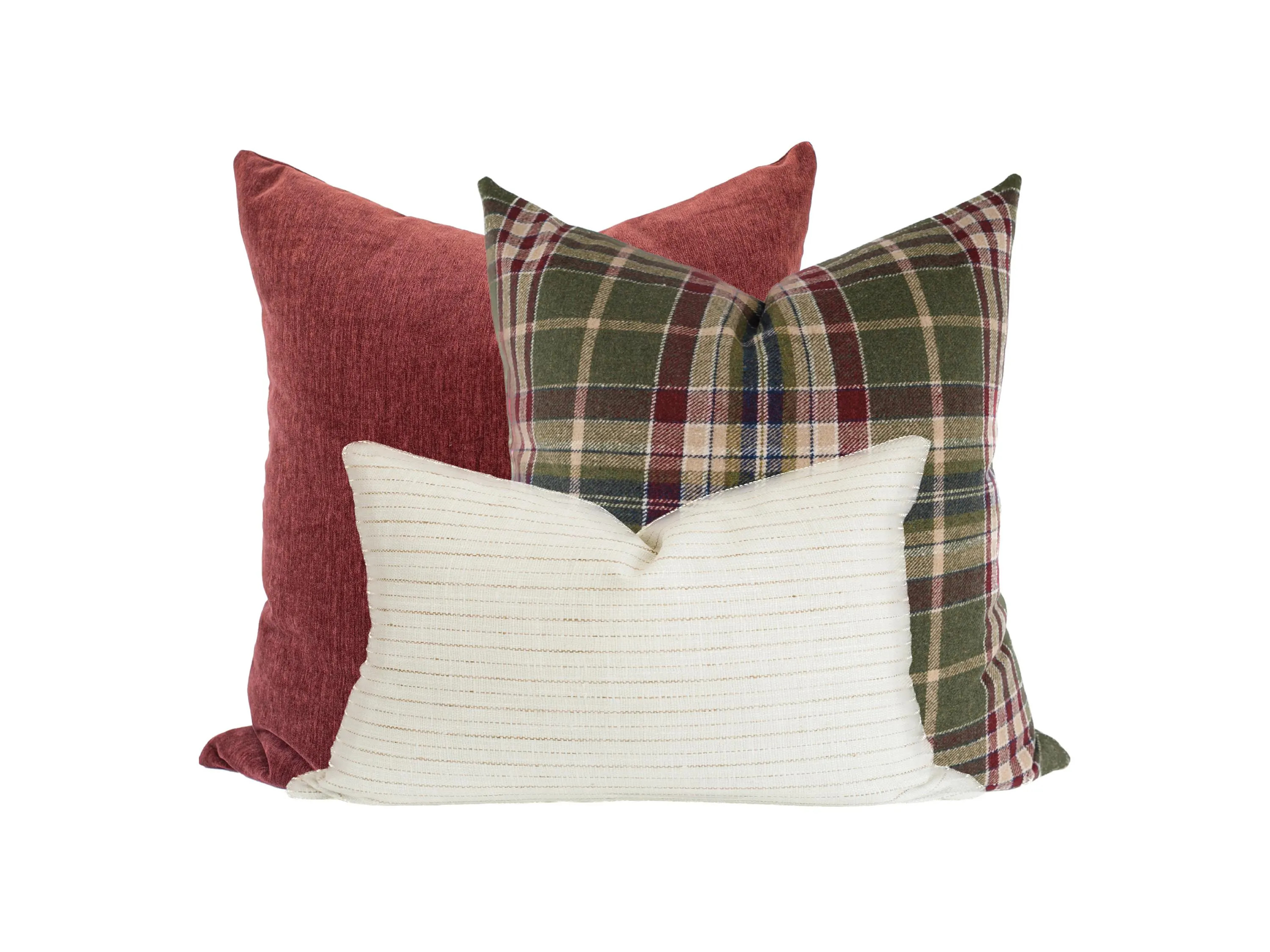 Juliet Burgundy Terracotta Pillow Trio, Green Moody Plaid, Cream Striped Lumbar, Set of 3 | Etsy (Global)