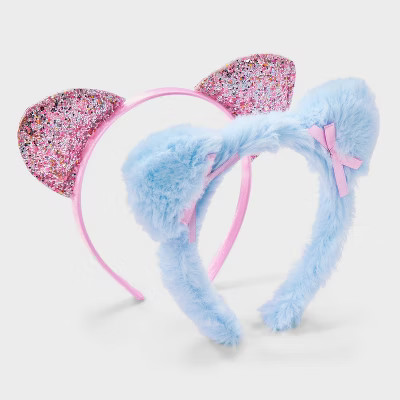 Girls' 2pk Glitter and Faux Fur Cat Ear Headband - Cat & Jack™ Pink/Blue | Target