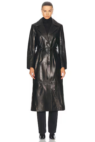NOUR HAMMOUR Tamara Belted Leather Trench Coat in Black - Black. Size 42 (also in 34). | FWRD 