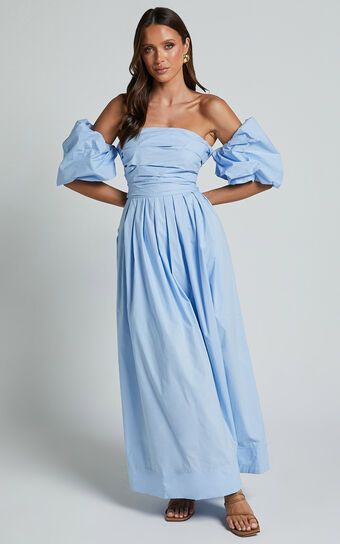 Annie Midi Dress - Off The Shoulder Ruffle Sleeve Pleated Dress in Pale Blue | Showpo (ANZ)