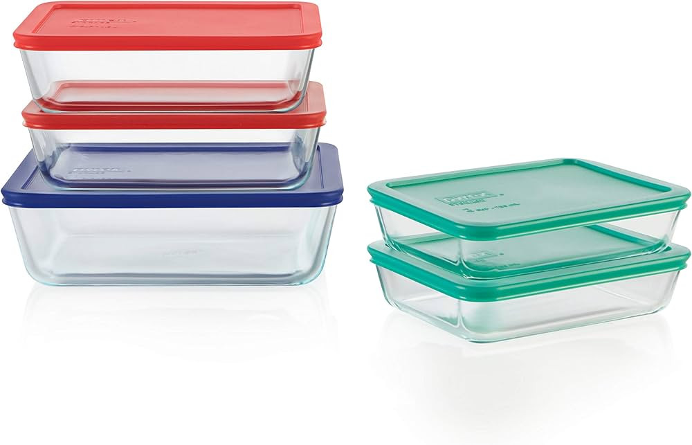 Pyrex Simply Store 10-Pc Glass Food Storage Container Set with Lid, 11-Cup, 6-Cup & 3-Cup Rectang... | Amazon (US)