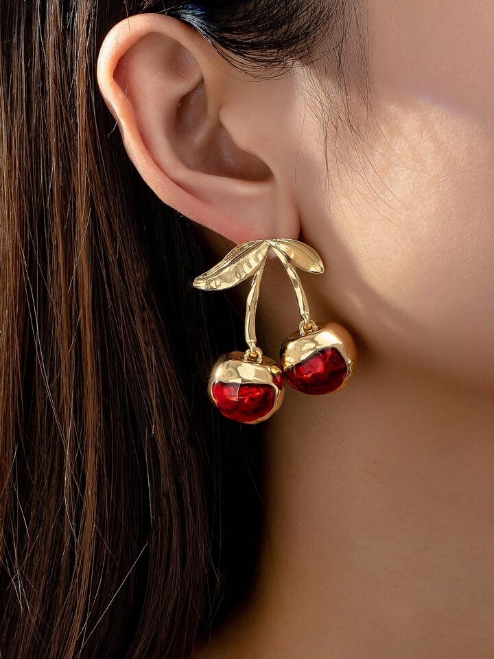 1pair Lovely Resin Cherry Dangle Earrings, Cute & Colorfast Fashion Stud Earring Gold-Plated | SH... | SHEIN