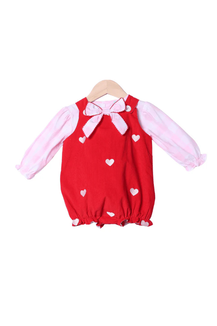 Embroidered Heart Red Corduroy Pink Gingham 2Pcs Bubble | The Smocked Flamingo