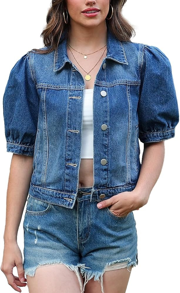 andy & natalie Women's Jean Jacket Cropped Short Puff Sleeve Trendy Denim Jackets with Pockets Me... | Amazon (US)