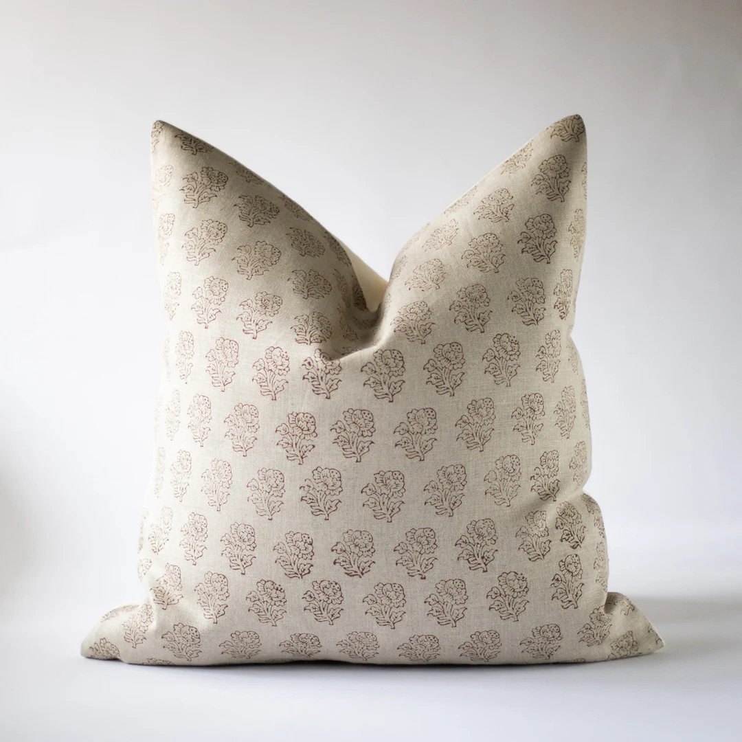 Linen Hand Block Pillow Cover, Rust Floral Block Printed Pillow, Designer Throw Pillows, Neutral ... | Etsy (US)