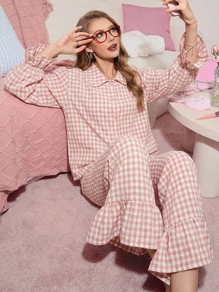 Frill cheque pyjamas  | SHEIN