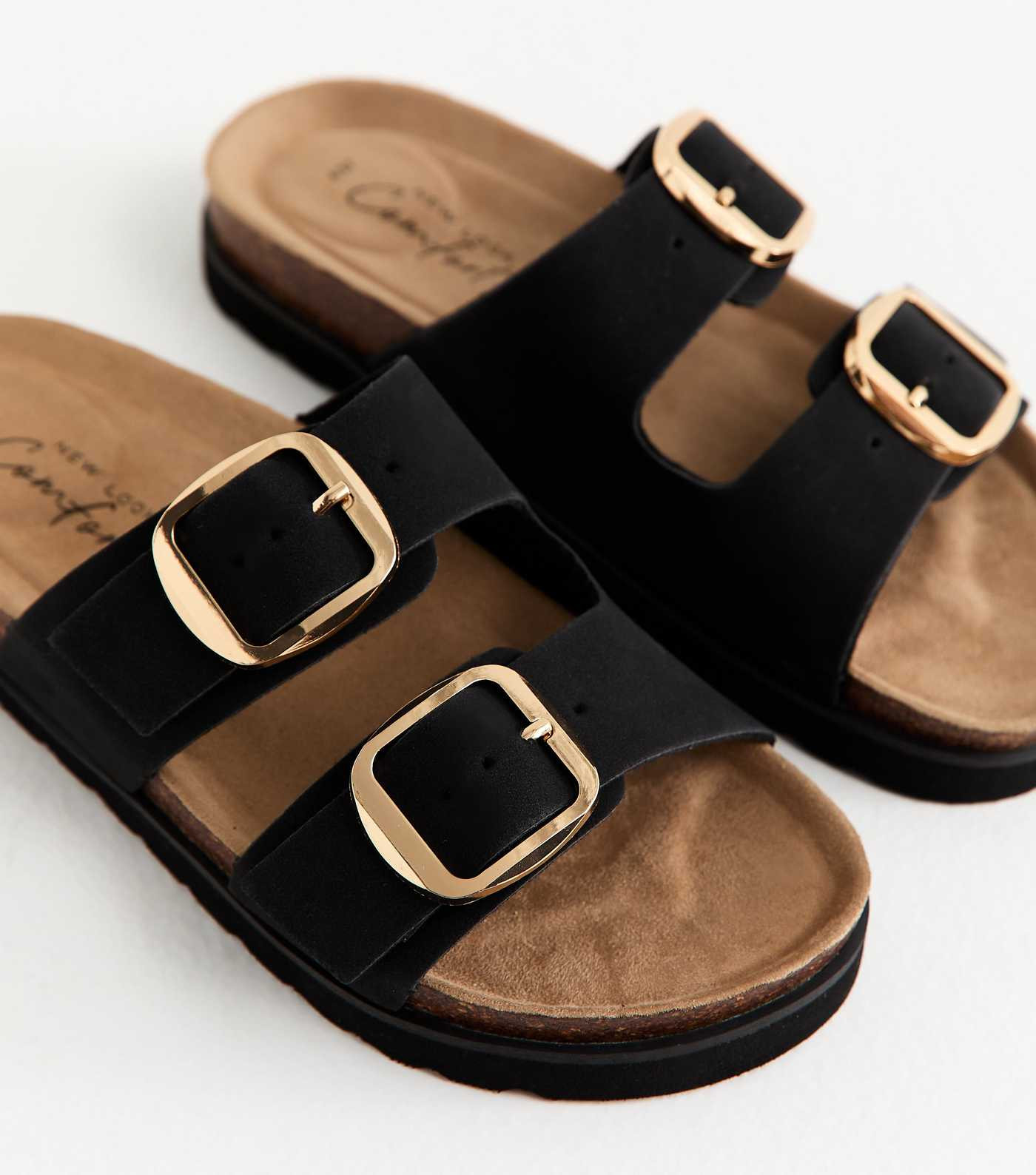 Black Cork Sole Double Strap Mule Sandals | New Look | New Look (UK)