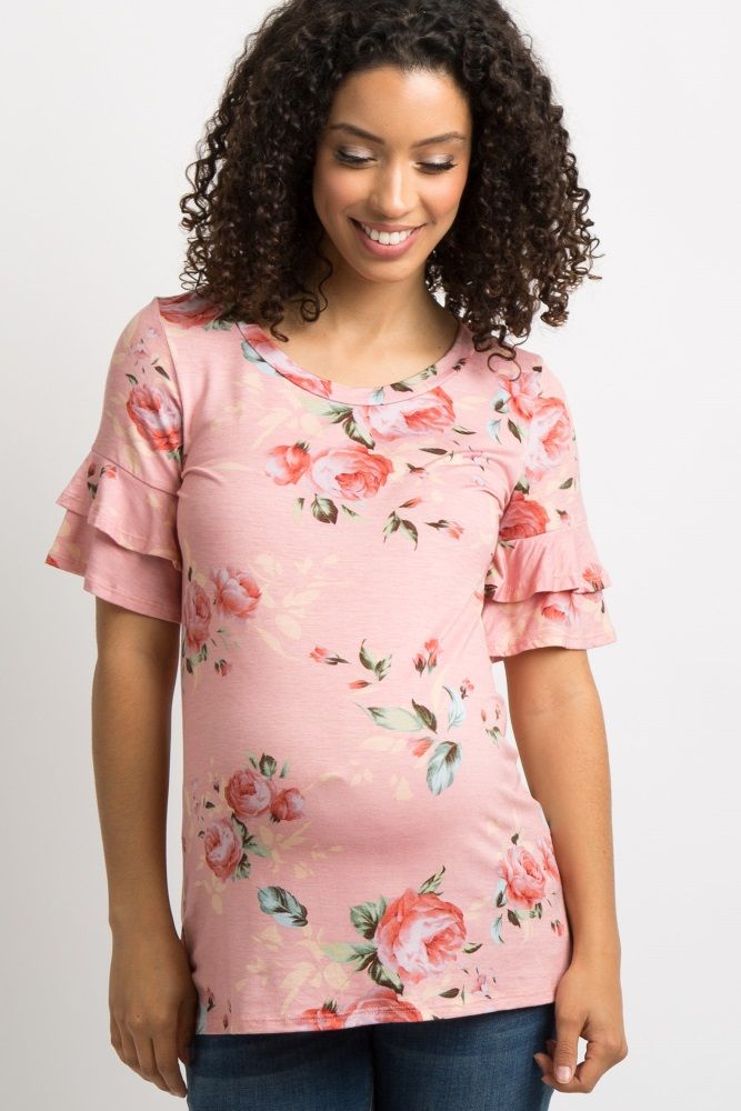 Peach Floral Layered Ruffle Sleeve Maternity Top | PinkBlush Maternity