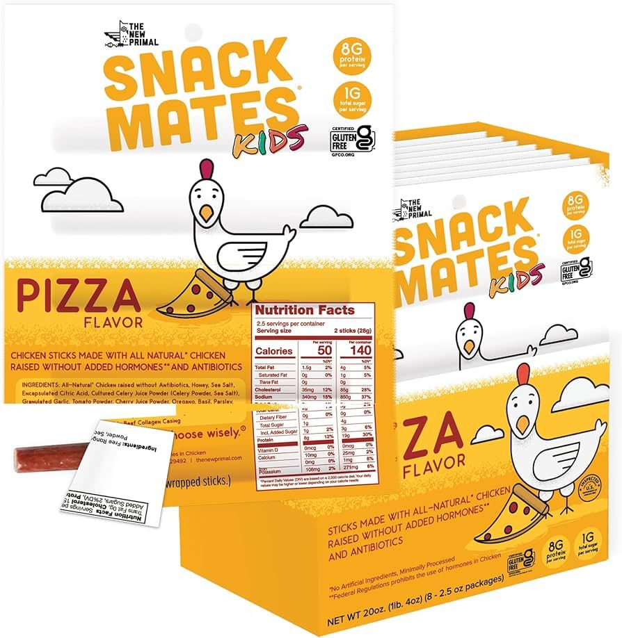 The New Primal Snack Mates Pizza Chicken Sticks, Gluten Free Healthy Snacks for Kids, Low Sugar High Protein Back to School Snacks, Mini Paleo Jerky Meat Stick, 8g Protein, 50 Calories, 40 Pack | Amazon (US)