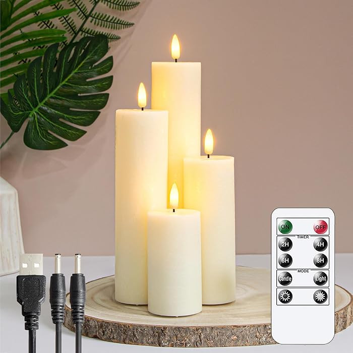 Rechargeable Flameless Flickering Tall Wax Remote 2.2" x4" 6" 8" 10" Ivory Candles, Timer Set of ... | Amazon (US)