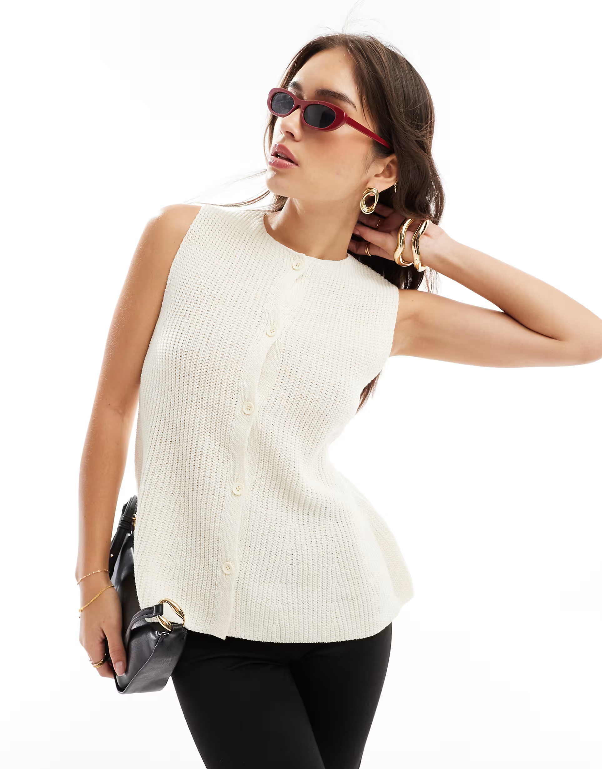 ASOS DESIGN knitted crew neck waistcoat with peplum hem in cream | ASOS (Global)