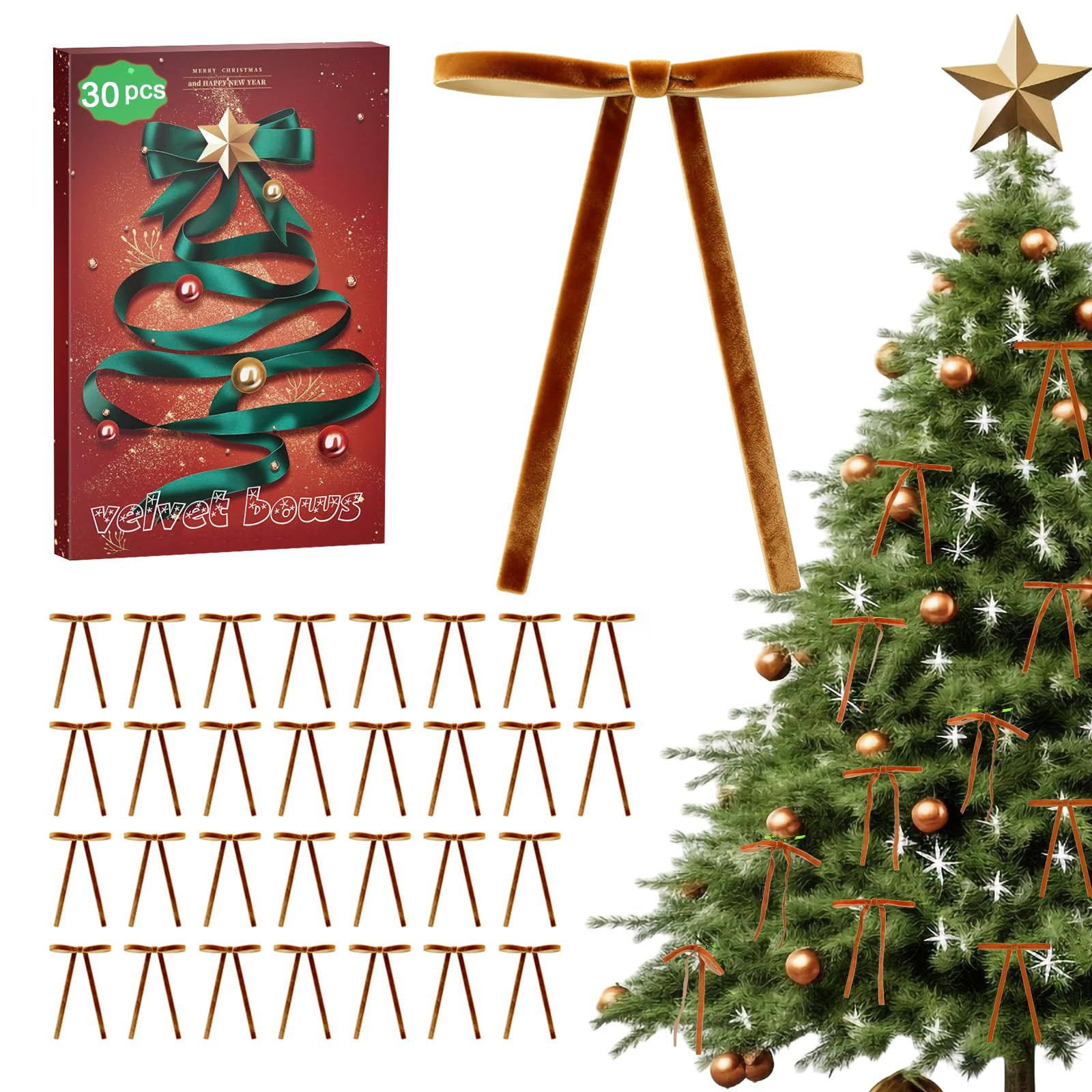 Camel Velvet Bows for Christmas Tree - 30Pcs Vintage Ribbon Bows for Tree Decorations, 3/8" Small... | Amazon (US)