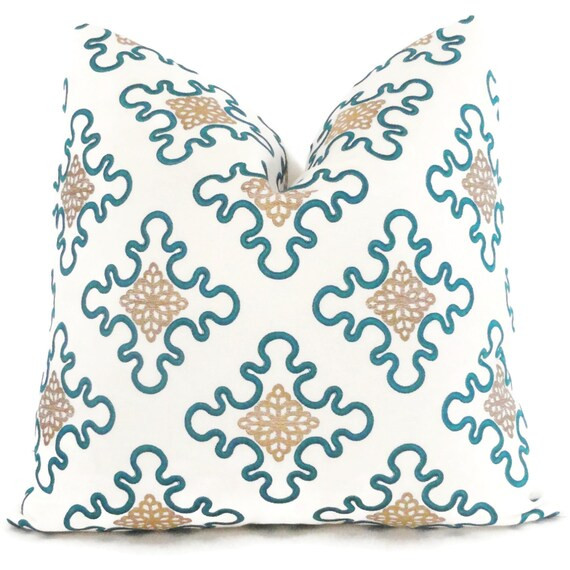 Embroidered Teal and Gold Pillow Cover Square or Lumbar | Etsy | Etsy (US)