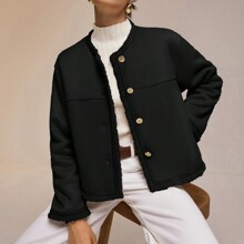 Cozy Teddy Bear Jacket | Gold Button Suede-Look Coat | Plush Fleece Lining | Oversized Comfort | Short Teddy Coat For Women | Fall/Winter Everyday Out | SHEIN