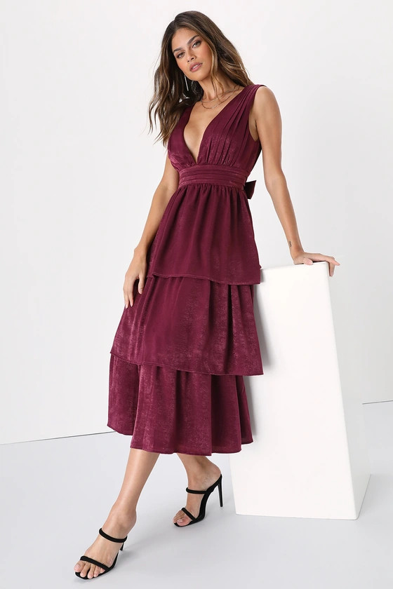 Peak Party Vibe Plum Purple Satin Tiered Tie-Back Midi Dress | Lulus (US)