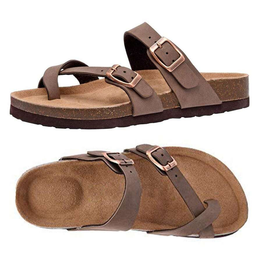 Womens Adjustable Buckle Strappy Slip-On Slippers Cork Footbed Slides For Sandals With Comfortabl... | SHEIN