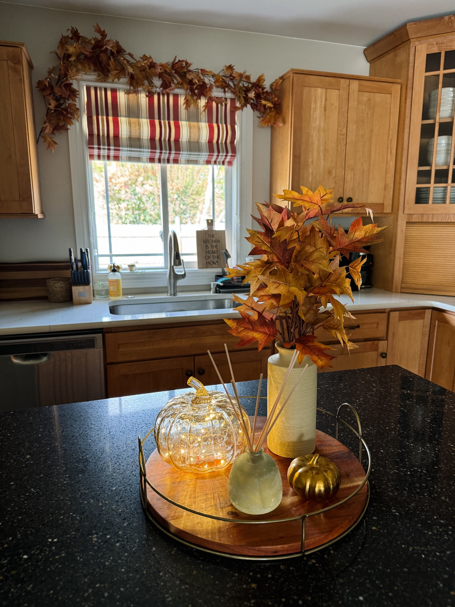 fall kitchen island centerpiece and window garland decor with led glass pumpkin, gold pumpkin, fall stems in vase and oil diffuser! 🥰 

#LTKSeasonal #LTKHome #LTKFindsUnder50