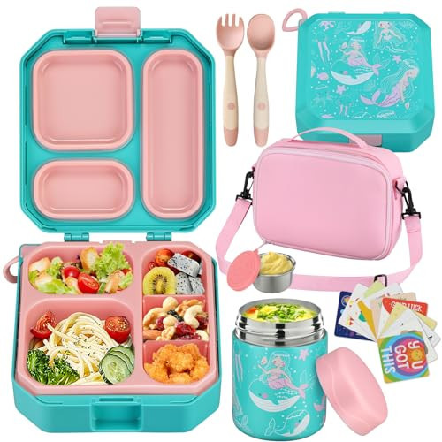 wiwens Bento Lunch Box for Kids with 12oz Soup Thermo Leak-Proof Lunch Food Container with 5 Compartment Thermo Hot Food Jar and Insulated Lunch Bag for Kid Toddler Girls Boys to School | Amazon (US)
