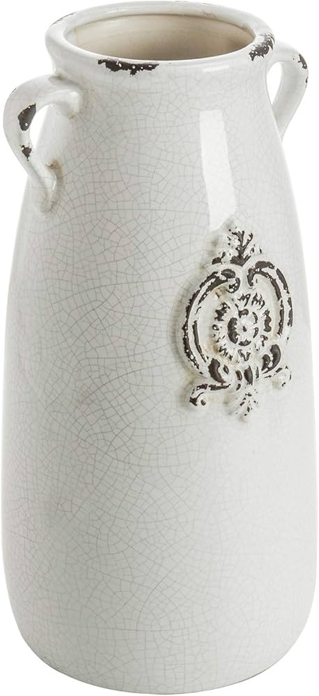 MyGift Farmhouse White Ceramic Vase with Handle and Embossed Seal Design, Antique Jug Shaped Tabl... | Amazon (US)