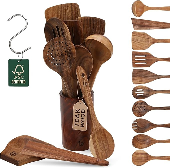 Teak Wood Utensil Set – Premium Natural Wooden Cooking Tools for Nonstick Cookware, Stirring & ... | Amazon (US)