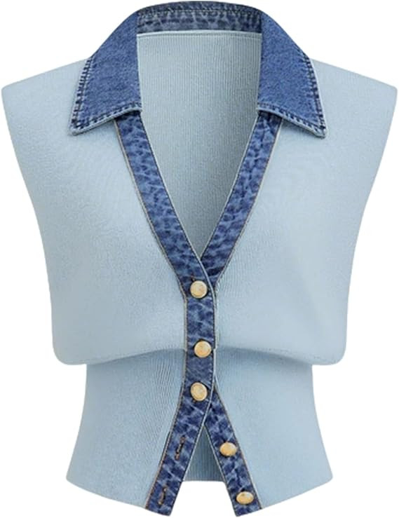 Womens Denim Trim Sweater Vest Sleeveless V Collar Crop Tank Top Knit Loose Pullover Outfit | Amazon (US)