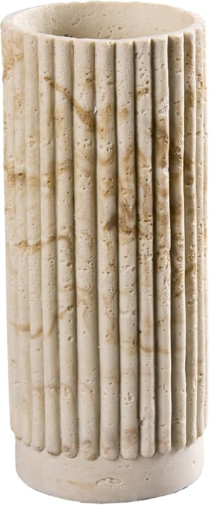 Cylinder Vase 8 Inch - Natural Travertine Textured Ribbed Resin Vase for Pampas Grass, Flowers, H... | Amazon (US)
