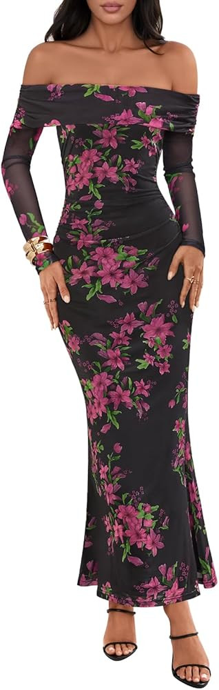 MEROKEETY Women's Fall Off Shoulder Floral Maxi Dresses Formal Long Sleeve Bodycon Cocktail Weddi... | Amazon (US)