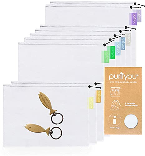 purifyou Reusable Produce Bags | Washable Mesh Set of 9 Grocery with Drawstring, Large Foldable Wash | Amazon (US)