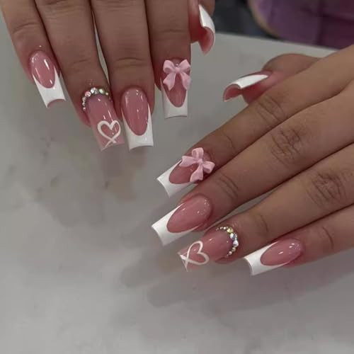Press on Nails Medium Coffin - Pink Fake Nails with Bow Heart Design - White French Tip False Nails Press ons - for Women 24 Pcs | Amazon (US)