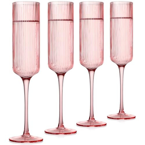 JOVGANK Pink Champagne Glasses Set of 4, Ribbed Champagne Flutes 8Oz, Vintage Style Unique Drinking Mimosa Glasses, Cocktail Glasses or Wedding Champagne Flutes, Gifts for Anniversary Birthday | Amazon (US)