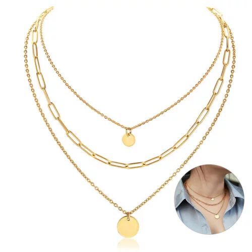 14k Yellow Gold Plated Stainless Steel Multi Layered Choker Necklace Women Chain - Walmart.com | Walmart (US)