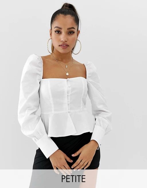 Missguided Petite square neck peplum blouse with puff sleeve in white | ASOS US