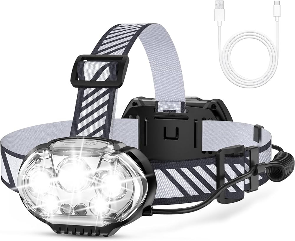 Rechargeable Headlamp, 20000 High Lumen Bright 5 LED Head Lamp with Red White Light, IPX4 Waterpr... | Amazon (US)