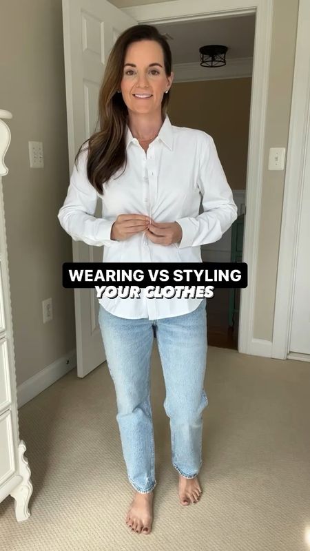 Wear vs Style your clothes ✨ 

✨ This under $25 white shirt from Amazon is my new favorite button down. It looks and feels way more expensive than it is. Fits tts, wearing xs. 
✨ Tan pointed toe mules are from Amazon and are very comfortable. They fit tts. 
✨ Earrings are a designer look for less pair from Amazon. They are beautiful and such a statement piece. I highly recommend. 
✨ Necklace and two of the three rings are from Amazon. I’ve had them for years and still look brand new. 
✨ Handbag is Amazon and comes in a bunch of colors and fits a lot of stuff. 
✨Jeans are from Abercrombie, fit tts wearing size 25Short

#grwm #lotd #jeans #casual #outfitideasforyou #getreadywithme #outfitinspiration ##weekendwear #fashion #style @shop.ltk @amazonfashion #whatiwore #womenstyle #shopping #ltk 

#LTKfindsunder100 #LTKfindsunder50 #LTKstyletip