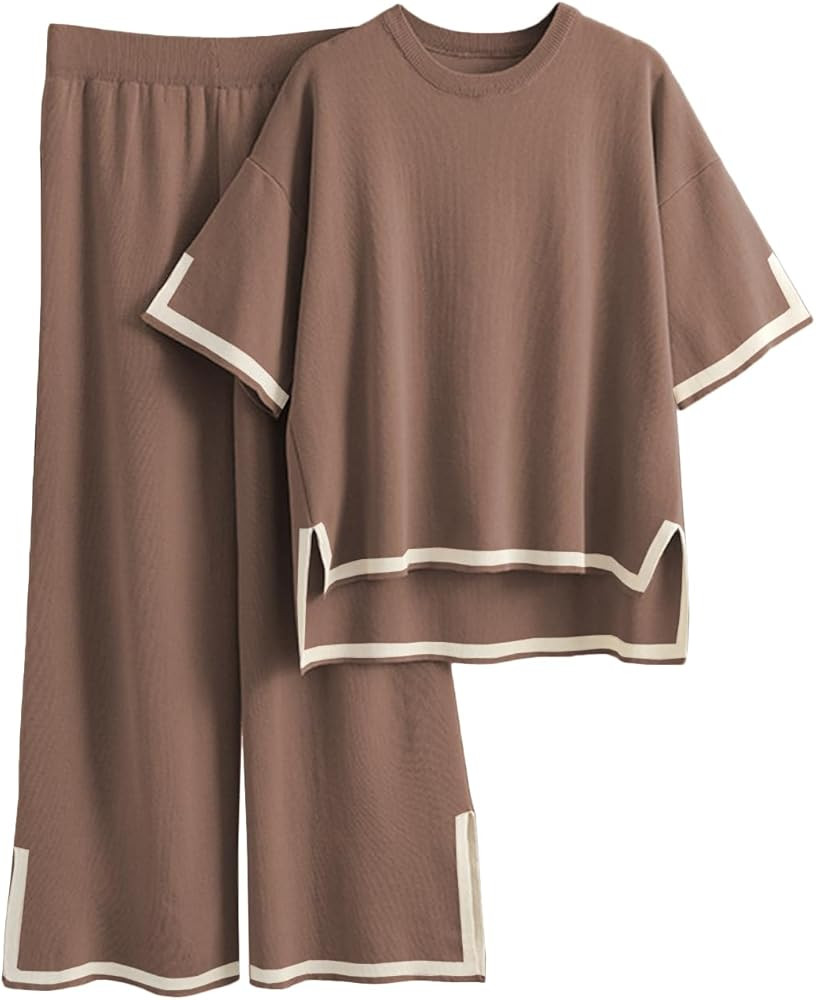 Lviefent Womens Sweater Sets Short Sleeve Knit Pullover Tops Wide Leg Pants 2 Piece Lounge Set Sw... | Amazon (US)