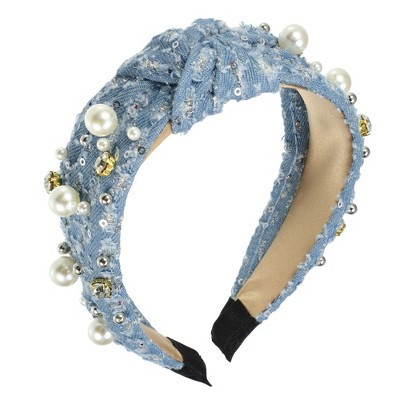 Unique Bargains Women's Pearly Crystal Knotted Women Headband Light Blue 1 Pc | Target
