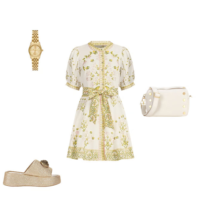 Floral Woven Linen Round Neck Short Bubble Sleeve Button Front Tie at Waist A-Line Flounce Mini D... | Dillard's