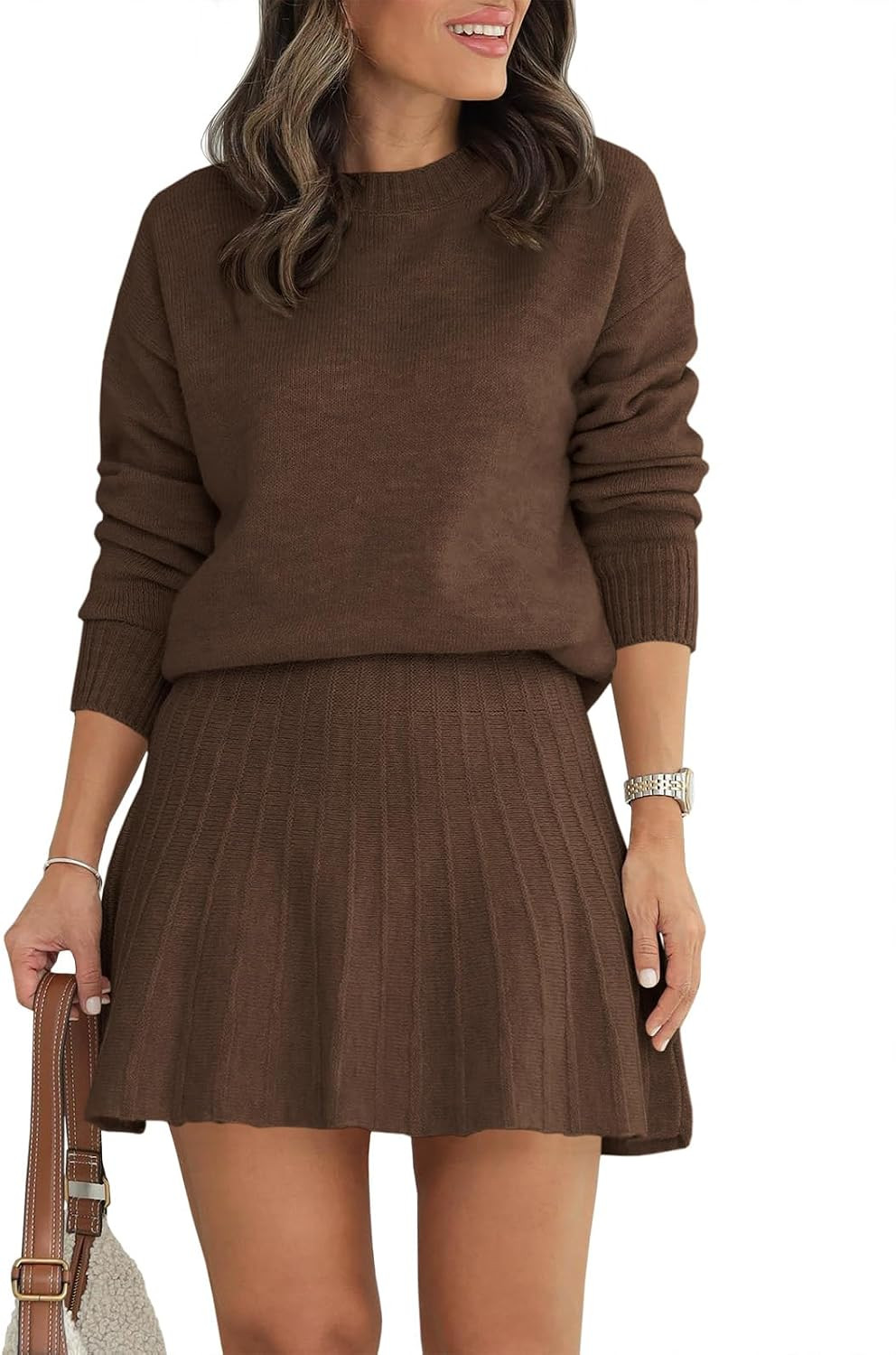 Tankaneo Womens 2 Piece Skirt Sets Pullover Sweaters Pleated Mini Skirt Fall Winter Knit Trendy Sweater Sets | Amazon (US)