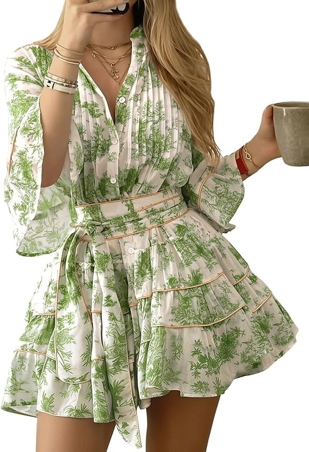 SOLY HUX Women's Floral Ruffle Mini Dress V Neck 3/4 Sleeve Flowy Boho Vacation Dresses | Amazon (US)