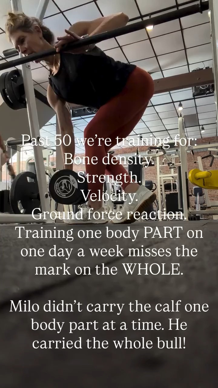Past 50 we’re training for:
Bone density. 
Strength.
Velocity. 
Ground force reaction.
Training one body PART on one day a week misses the mark on the WHOLE.

Milo didn’t carry the calf one body part at a time. He carried the whole bull!

#LTKActive #LTKfitnessgoals #LTKmomlife