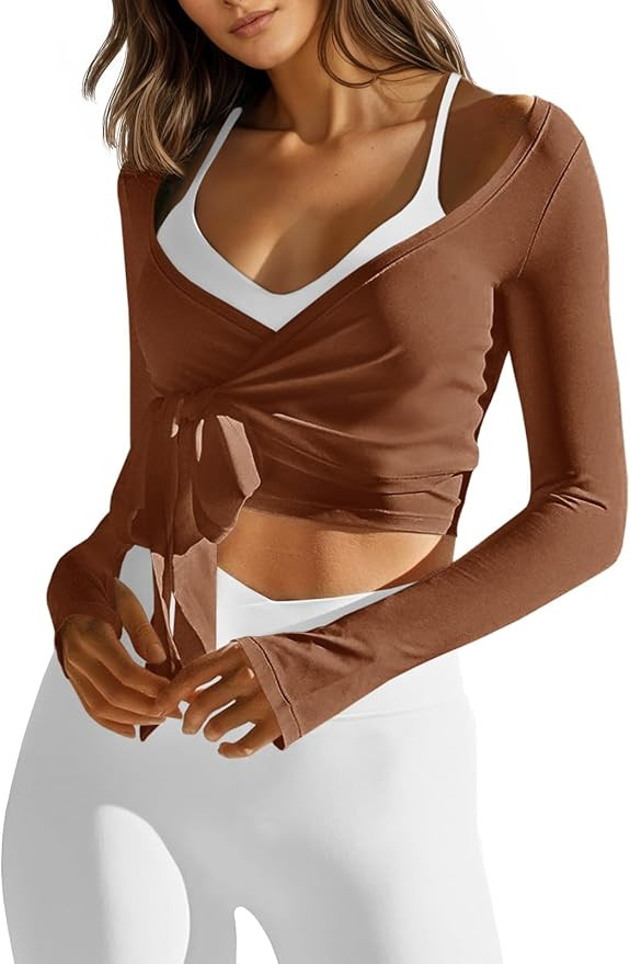 Fisoew Womens Tie Front Shrug Wrap Long Sleeve Crop Tops Casual Lightweight Ballet Pilates Yoga A... | Amazon (US)