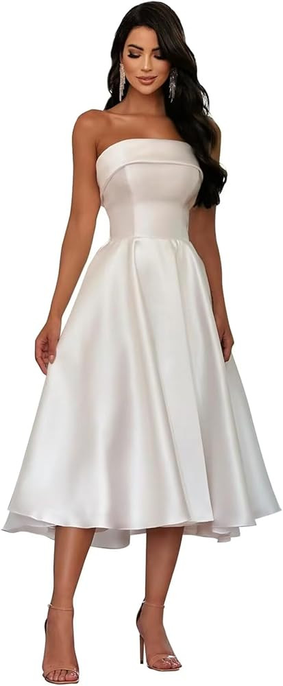 Women's Satin Tea Length Wedding Guest Dresses Strapless Midi Prom Dress Evening Gown LZY888 | Amazon (US)