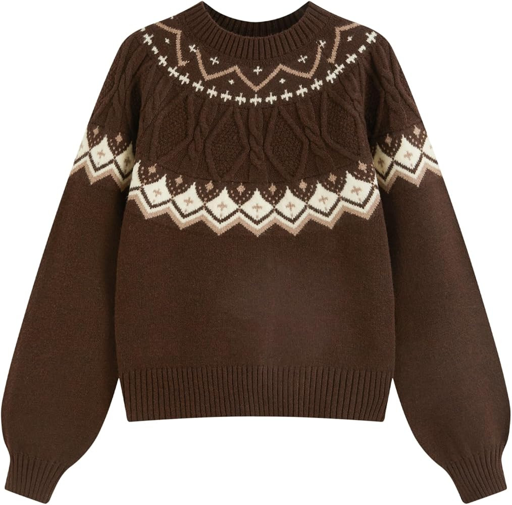 CIDER Women's Fair Isle Sweater Cropped Long Sleeve Cozy Sweaters Pullover | Amazon (US)