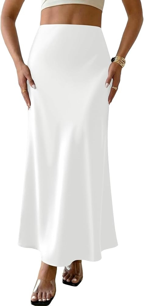 LOMON Women's Satin Maxi Skirt Long A Line High Waisted Skirts Wedding Cocktail Party Outfits | Amazon (US)