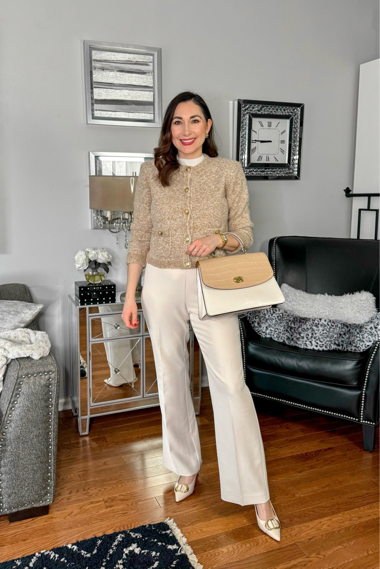 Classy monochromatic work outfit 🤎🤍

Tan wool sweater jacket size small, slightly small through bust 
Off white pants size 4 curvy, TTS
Ivory sling back kitten heels 

Work wear
Office outfit
Neutral outfit 

#LTKWorkwear #LTKSaleAlert #LTKStyleTip